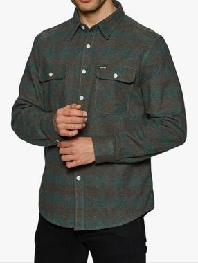 MEN BRIXTON Green Ocean Bowery Cotton Flannel Long Sleeves Button Shirt Medium